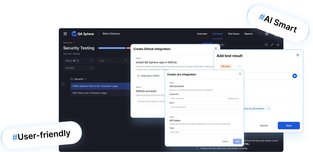 QA Sphere UI with security testing, GitHub & Jira integrations