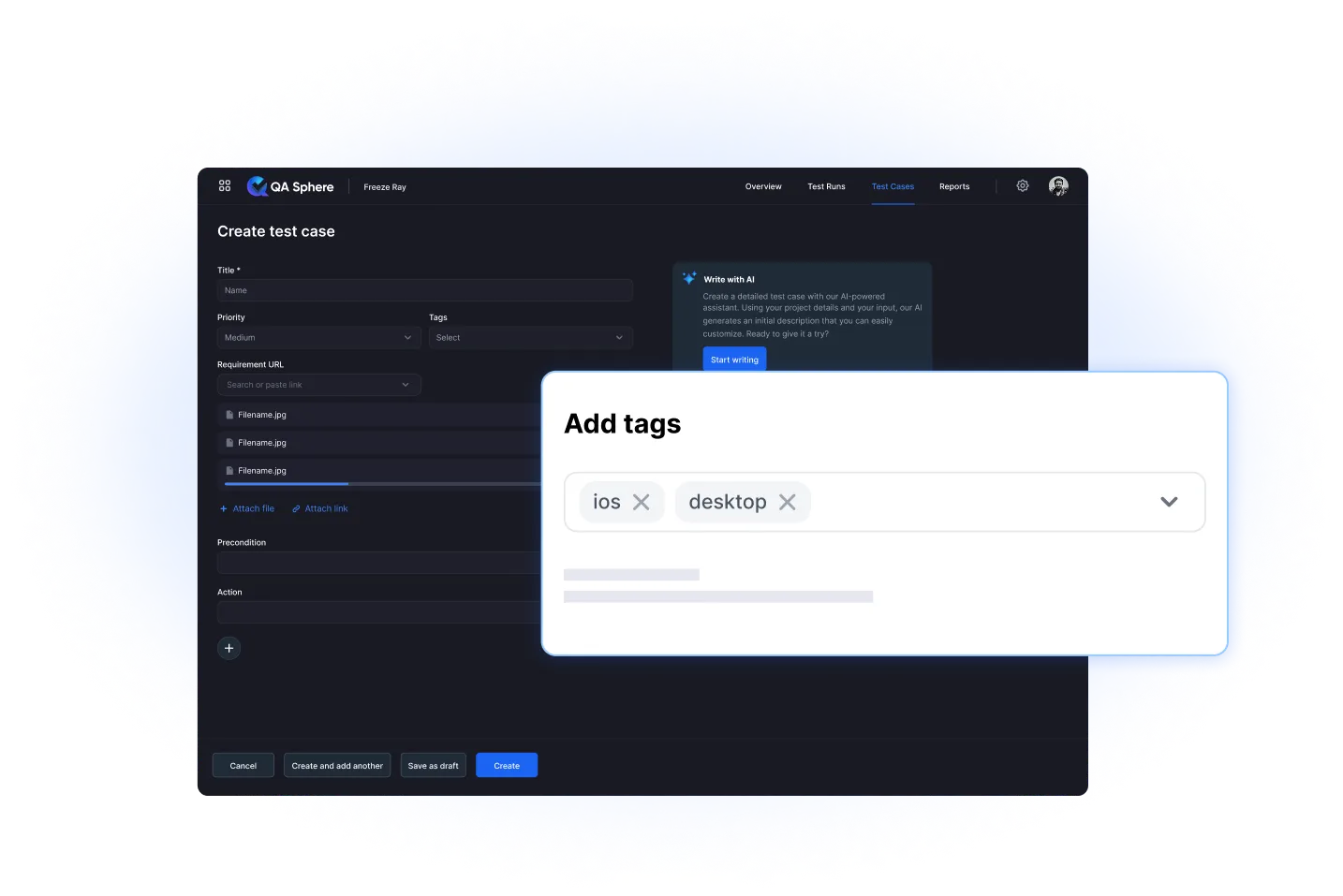 Test case tagging and filtering capabilities in QA Sphere for flexible test management