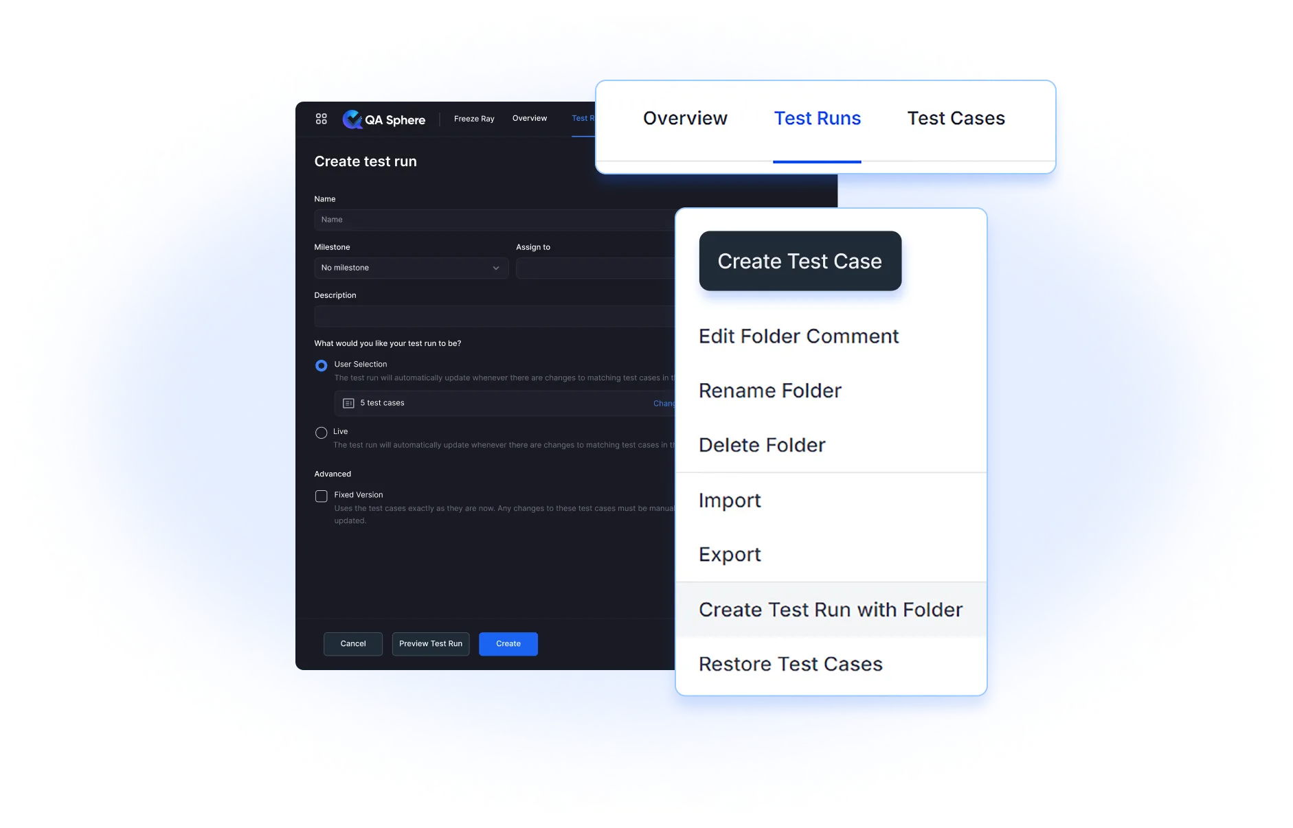 QA Sphere test run builder interface for flexible test execution and run management