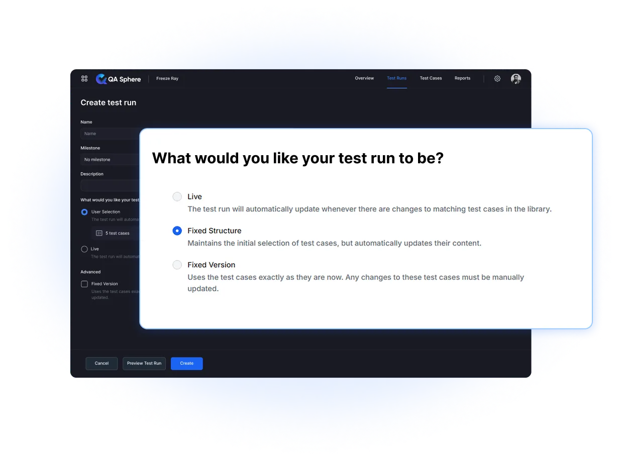 Dynamic test run configuration options in QA Sphere with live updates and fixed structures