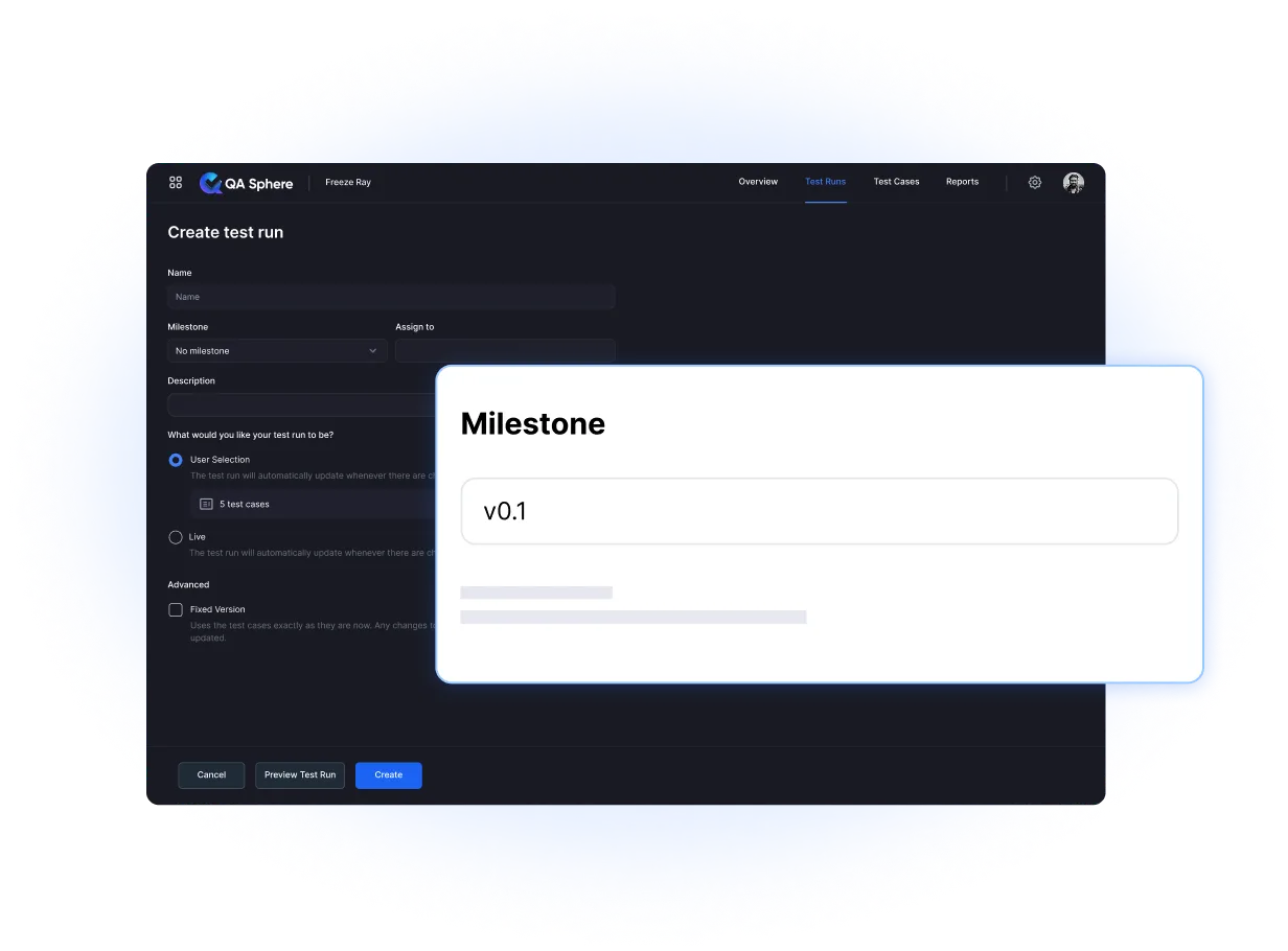 Milestone tracking and test run organization features in QA Sphere's test run builder