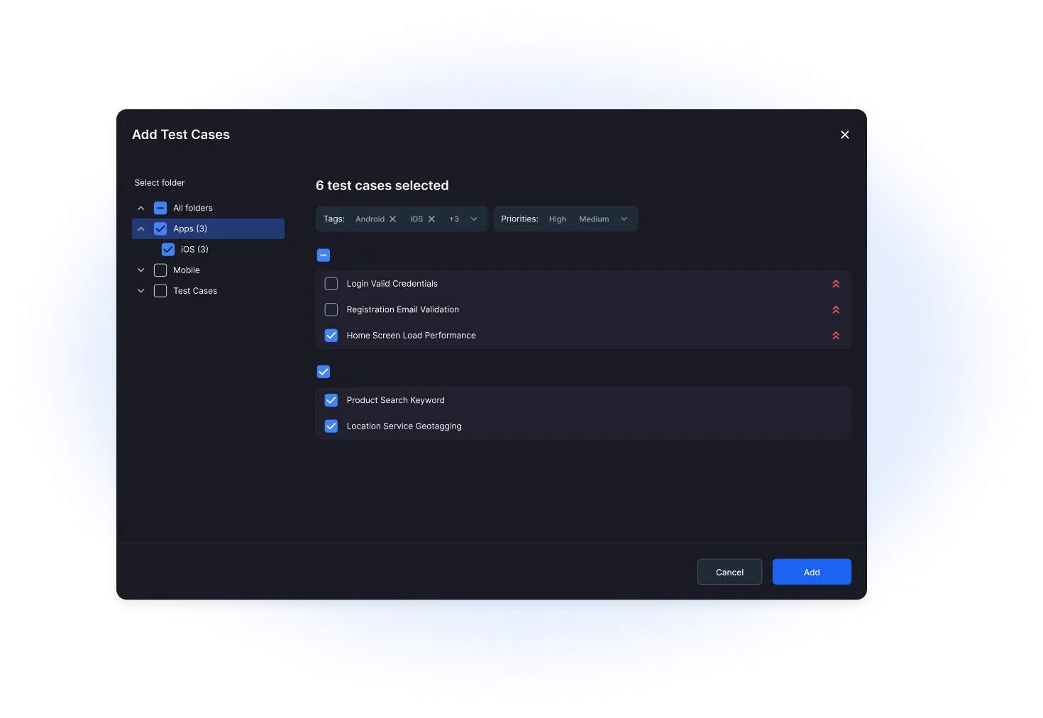 Effortless test case selection and folder management for creating test runs in QA Sphere